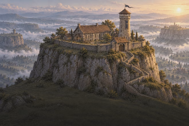 A walled hall and watchtower on a mesa
