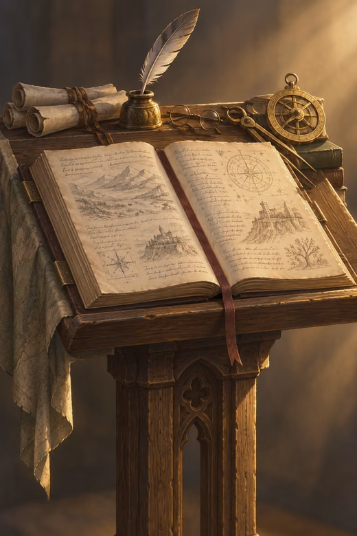An open ledger on a lectern, with scrolls and a quill