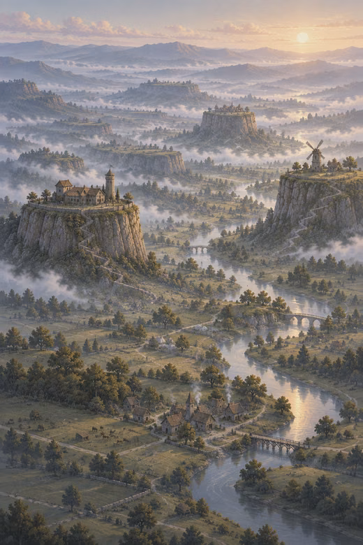 A valley of flat-topped mesas and a river at dawn