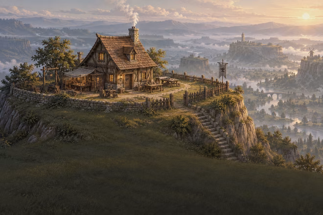 A workshop on a mesa at dawn